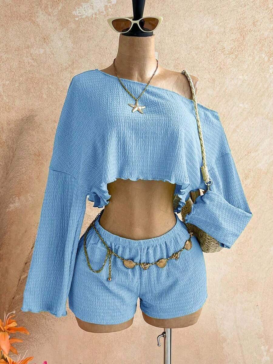 Casual 2-Piece Set Consisting Of A Cropped Top With An Irregular Neckline And Lettuce Hem, And Shorts, In A Solid Color, For Vacation, Spring/Summer - 賽萊斯特 - 查看 1