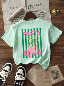 Girls "Pasta Club" Pasta Graphic Short Sleeve T-Shirt, Casual Round Neck Cute Food Print Top For Summer, Suitable For Teens - Mint Green - View 3