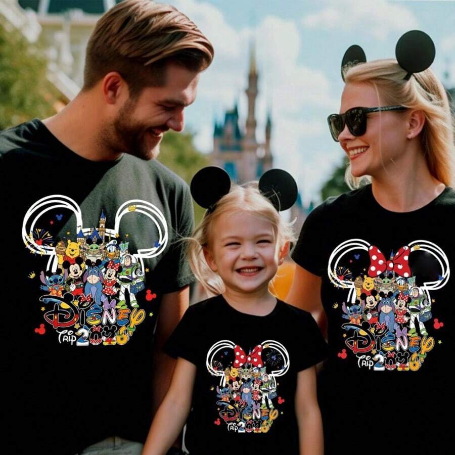 Disney "Disney Trip 2026" Multi-Character Castle Family Matching Short Sleeve T-Shirt, Perfect For Family Trips, Vacations & Theme Parks. New Style, Ideal For Disney Travel, Family Gatherings & Casual Outings, Suitable For Men, Women & Kids. Made Of High-Quality Cotton, Comfortable & Breathable Fabric. Exquisite Vivid Multi-Character Castle & Mickey Friends Print Design, The Best Gift For Disney Fans & Families. - 女士/孩子T卹 - 查看 1