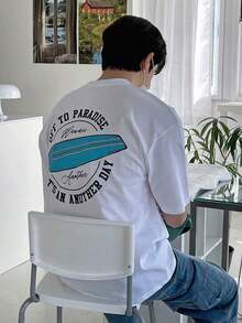 Camiseta De Manga Corta Con Cuello Redondo Y Letras Impresas Para Hombres - Blanco - Ver 3