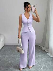 Conjunto de camiseta sin mangas y pantalones elegante para mujer, estilo de oficina y transporte, atuendo de otoño para maestros - Púrpura malva - Ver 1