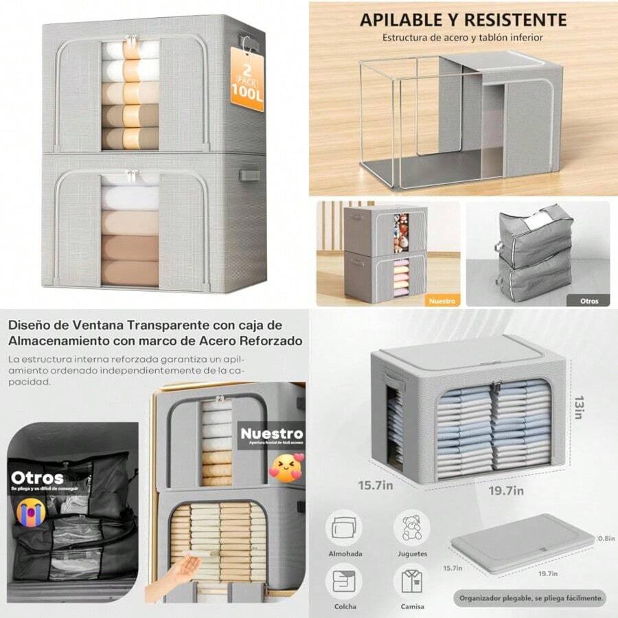 Bolsas de Almacenamiento de Ropa: 2 Pcs 100L Caja de Almacenamiento de Plegable - Organizador de Ropa de Closet Gran Capacidad con Ventana Transparente y con un mango resistente - gris - Ver 1