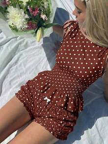 Conjunto de 2 piezas de top sin mangas y shorts con estampado de lunares en contraste para mujer - Marrón - Ver 12