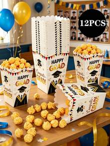 Cajas plegables de papel para palomitas de maíz, dulces y aperitivos con diseño de felicitaciones de graduación en negro y dorado para decoración de mesa de fiesta de graduación de escuela secundaria y universidad - Edición de graduación - Ver 11