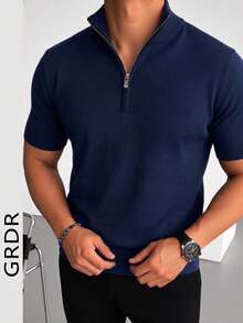 Men's Summer Half-Zip Solid Color Knit Polo Shirt, Suitable For Summer Outings, Essential For Fashionable Styling - Navy Blue - View 3