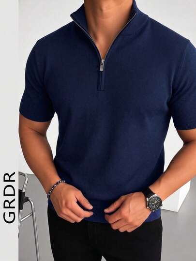 GRDR Men's Summer Half-Zip Solid Color Knit Polo Shirt, Suitable For Summer Outings, Essential For Fashionable Styling