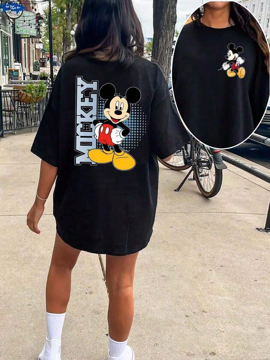 Disney IP Authorization, Women's T-Shirt, Mickey Mouse Cartoon Printed Short-Sleeved T-Shirt Dress, Slightly Elastic, Opaque, Easy To Care For Materials, Suitable For Daily Wear, T-Shirt Short Sleeves. - 黑色 - 查看 1