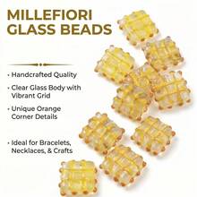 3 piezas de cuentas de vidrio cuadradas con patrón de cuadrícula naranja, cuentas decorativas de vidrio hechas a mano, adecuadas para hacer pulseras, collares y joyería DIY - Naranja - Ver 1