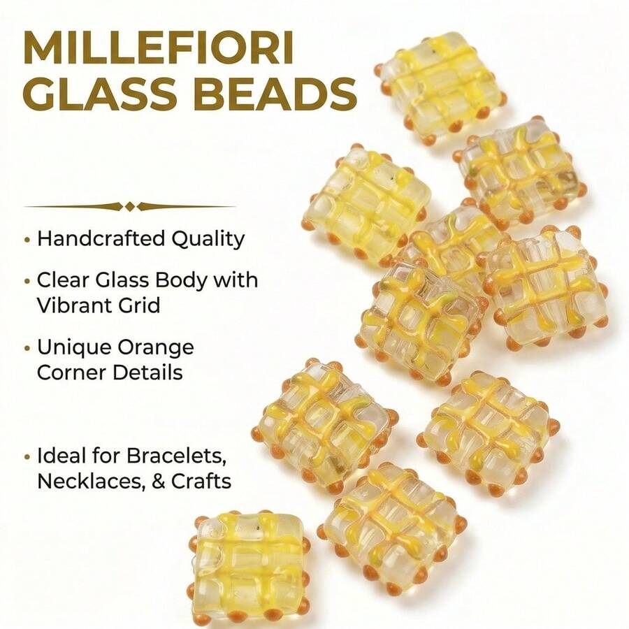 3 piezas de cuentas de vidrio cuadradas con patrón de cuadrícula naranja, cuentas decorativas de vidrio hechas a mano, adecuadas para hacer pulseras, collares y joyería DIY - Naranja - Ver 1