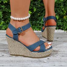 Plus Size Women's Denim Wedge Sandals, European And American Style Thick Sole Casual Sandals For Spring And Summer - Blue - View 5