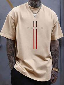 Camiseta de manga corta para hombre con estampado de letras PARIS y rayas degradadas - Uso casual y cómodo, adecuado para deportes al aire libre en verano, fabricado en tela de mezcla de poliéster, cuello redondo, ligero y suave - Caqui - Ver 1
