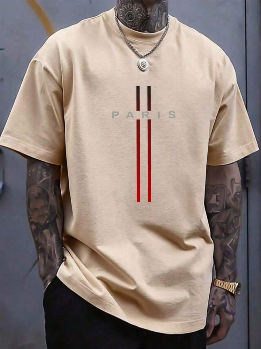 Camiseta de manga corta para hombre con estampado de letras PARIS y rayas degradadas - Uso casual y cómodo, adecuado para deportes al aire libre en verano, fabricado en tela de mezcla de poliéster, cuello redondo, ligero y suave - Caqui - Ver 1
