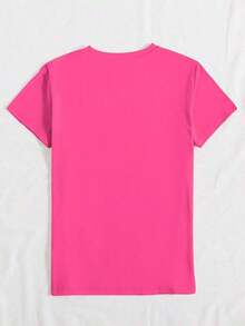 Camiseta de algodón 100% con cuello redondo, manga corta y estampado de perlas falsas, top casual de verano para mujer - Rosa Fucsia 2 - Ver 2
