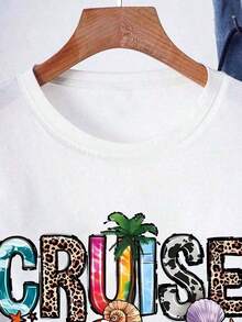 Camia de manga corta con cuello redondo y estampado de letras "Cruise Life" para mujer, estilo veraniego 2025, transpirable y cómoda. - Blanco - Ver 3