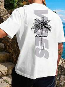 The Hottest Item Of The Summer: Men's Casual Short-Sleeved Crew Neck T-Shirt With Graphic Letter And Palm Tree Print, Perfect For Summer, A Gift For A Boyfriend, For Going Out, Vacations, Stylish, Popular, Party T-Shirt. - 白色 - 查看 1
