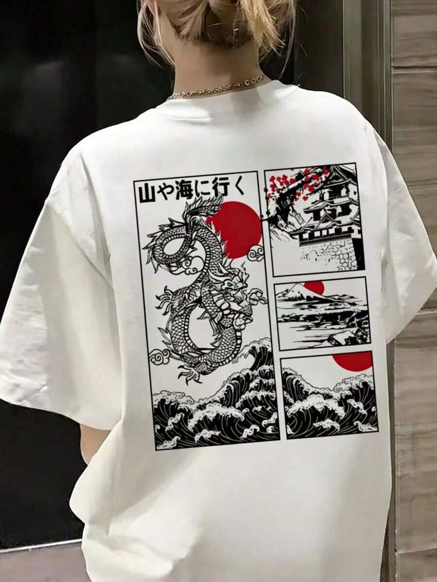 Camiseta de mujer con estampado de dragón japonés y ondas, de hombros caídos y corte holgado, estilo casual urbano Y2K, estética gráfica, transpirable y cómoda para uso diario, salidas a la ciudad, escapadas de vacaciones, reuniones de fin de semana, estilo retro Harajuku Ukiyo-e, camiseta cómoda para looks de moda virales. - Blanco - Ver 1