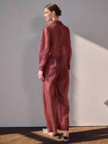 Conjunto de 2 piezas de camisa con bolsillo y pantalón de pierna ancha con pliegues, semi-transparente y con rayas, nuevo para primavera/verano, adecuado para el trabajo y las vacaciones - Rojo - Ver 4