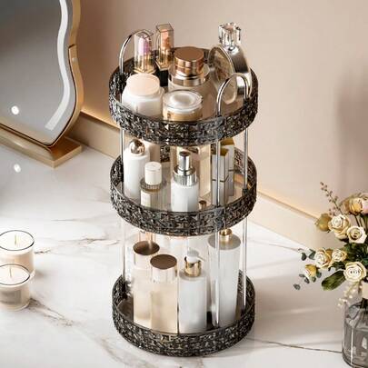 Organizador de maquillaje giratorio 360 grados - Estantería de almacenamiento multicapa de plástico, apta para productos de cuidado de la piel, cosméticos, especias de cocina y artículos de baño esenciales, excelente para tocador, mostrador, baño y cocina | Estética moderna | Plástico duradero, estantería de almacenamiento para baño