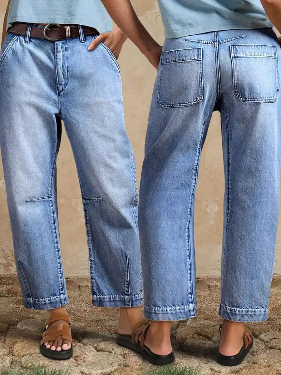 Women's High Waist Pockets Straight Loose Casual Versatile Jeans Spring - Baby Blue - View 1