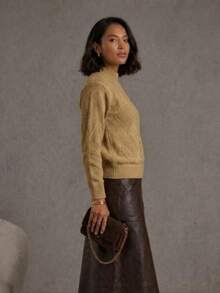 Women's Modal Knit Winter Blouse With Braided High Neck, Modern Style - Beige - View 2