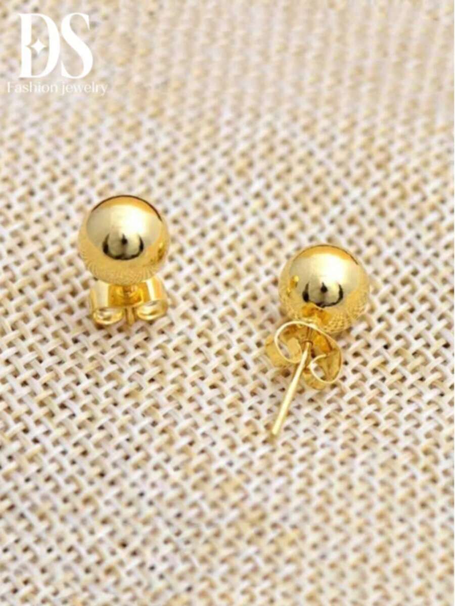 1 Pair Gold-Plated Ball Stud Earrings, A Beautiful Gift For Women. Delicate Earrings For Layering - Round Steel Ball Earrings - View 1