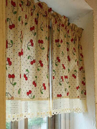 1pc New Release Beige Linen Sheer Curtain Panel, Designer Style Cherry Motif, Suitable For Villa, Farmhouse, Cafe, Retail, Semi-Sheer Decorative Curtain, 150g/Sqm