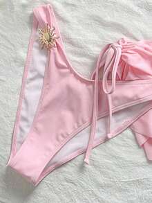 Conjunto de traje de baño tipo tankini de 3 piezas de unicolor, diseño de tirantes anchos con aros para un soporte cómodo, estilo de playa de moda, perfecto para fiestas de playa y piscina en verano Blanco - Rosa - Ver 6