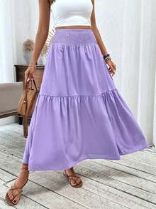 Women's Long Ditsy Floral Skirt, Casual Elastic Waist With Pockets, Ruffle Hem, A-Line Skirt For Summer Spring - Light Purple Solid Color - View 2