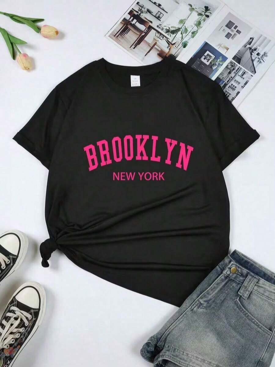 1 Pc New Women's Autumn-Winter Short-Sleeved Round Neck T-Shirt, 100% Cotton, Loose Fit, Casual And Versatile Style With A Modern Print, Ideal As A Basic Garment. 180g 100% Cotton - 3 - 查看 1