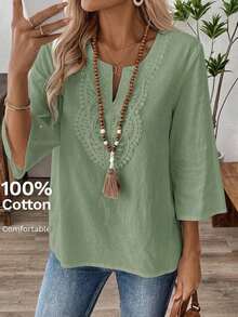 Blusas casuales de mujer de manga larga con escote en pico en unicolor, blusas de manga tres cuartos - verde menta - Ver 1