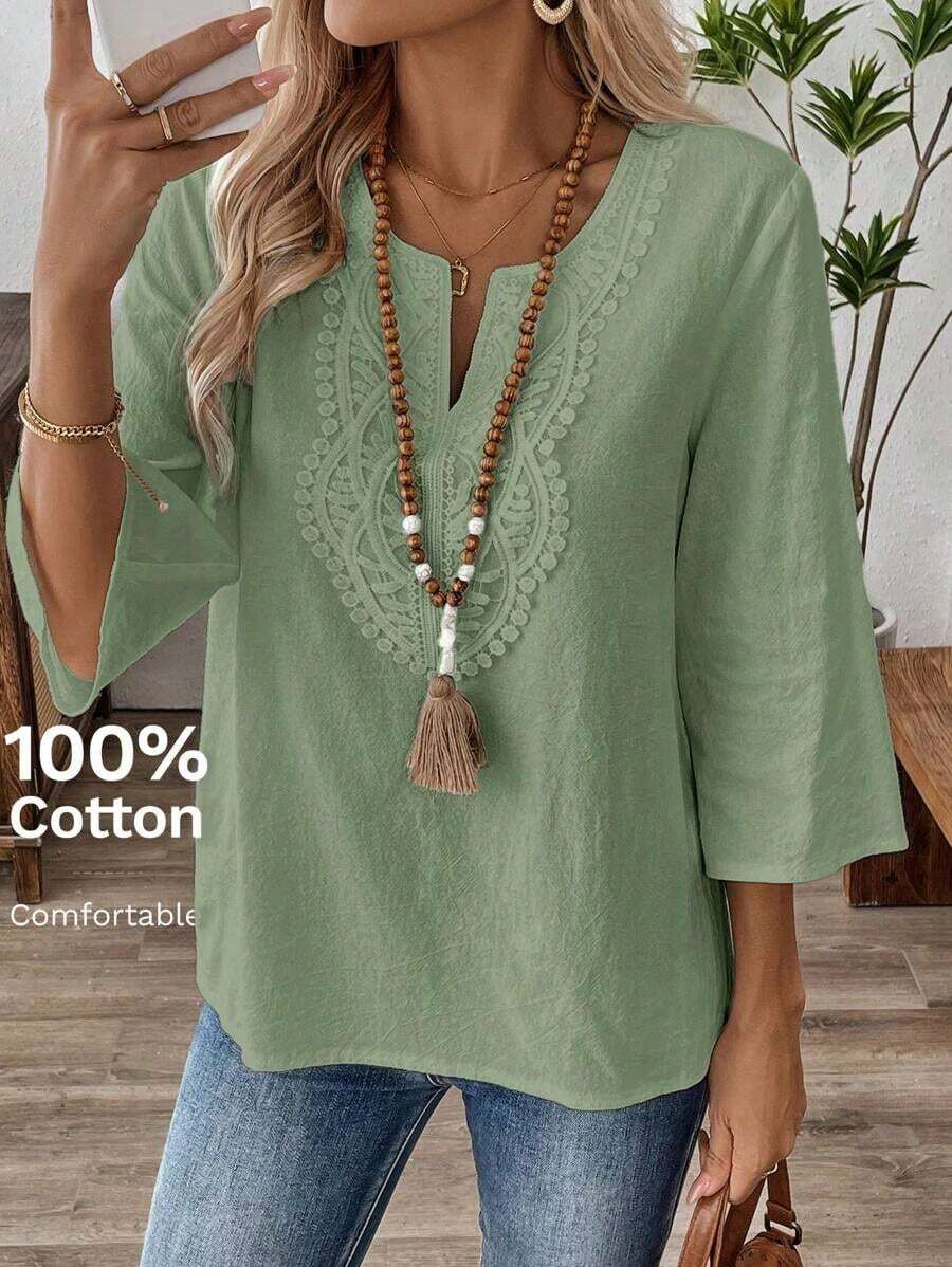 Blusas casuales de mujer de manga larga con escote en pico en unicolor, blusas de manga tres cuartos - verde menta - Ver 1