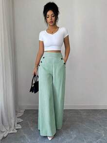 Nuevos pantalones de estilo coreano de primavera/verano, minimalistas y elegantes, de lino a rayas azul y blanco, de cintura alta, estilizadores, de pierna recta y sueltos, informales para mujer - Verde - Ver 6