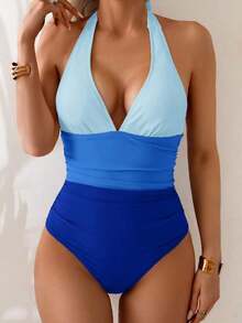 Traje de baño de una pieza con control de abdomen, estilo minimalista de unicolor, con escote halter y espalda descubierta, para vacaciones de verano en la playa - Multicolor 6 - Ver 7