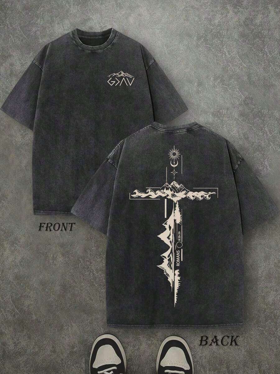 Camiseta Retro Lavada con Estampado a Doble Cara (Camiseta de 230 g de Algodón Puro) 'ROMANS' Dios Es Mayor Que Nuestros Altos y Bajos, Estampado de Letras, Regalo Cristiano, Camiseta para Hombre, Casual, Cómoda, a la Moda, Estilo Urbano, Algodón - Negro - Ver 1