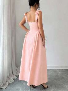 Nuevo vestido largo elegante y versátil para mujeres con textura de tiras y tejido bicolor ajustado para uso diario - Rosa - Ver 2