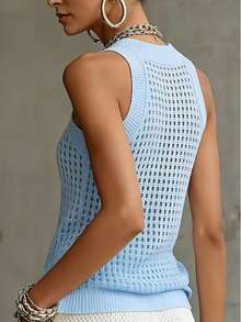 Camiseta de punto calada para mujer, sin mangas, cuello redondo, transpirable y ajustada, versátil camiseta interior elástica para ir al trabajo y citas en verano - Celeste - Ver 2