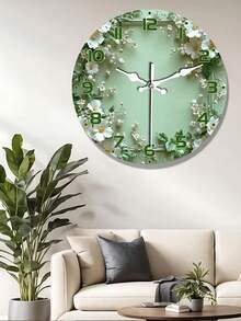 10-Inch/12-Inch Silent Wall Clock With Wreath Design - Light Green Wooden Surface, White Flowers And Green Leaves - Elegant European Round Clock Suitable For Living Room Or Study - Battery Not Included - Multicolor - View 3