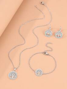 Stainless Steel Jewelry Set Featuring Lucky Tree Pendant With Elegant Crystal & Rhinestones Decor, Necklace, Bracelet, Earrings, Perfect As Wedding Gift For Women - Silver - View 8