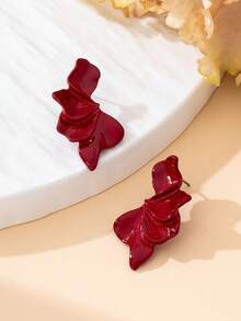 1 Pair Elegant Wine Red Textured Floral Half-Ear Design Earrings, Suitable For Women's Travel, Dating, Daily Wear - Burgundy - View 3