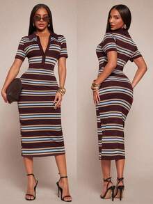 Vestido camisero de mujer de estilo casual, elegante y de negocios, con rayas negras y blancas.Vestido midi de punto elástico y ajustado.Vestido chic francés a rayas en blanco y negro.Vestido midi a rayas.Vestido midi ajustado a rayas.Vestido de verano de mujer con cuello a rayas. - Multicolor 2 - Ver 2