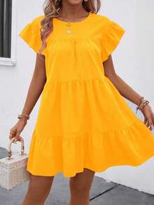 JJfghh Women Summer Solid Color Round Neck Loose Babydoll Dress With Ruffle Trim Vacation Beach Outfit Women Dress Women's Summer Dresses Women's Summer Outfits Wommen Dress Women Casual Dresses Casual Dresses For Women Summer Spring Outfits For Women Dresses Puff Dress For Women Zanea Dress For Woman Resort Wear Women Vacation Dress - Amarillo - Ver 4
