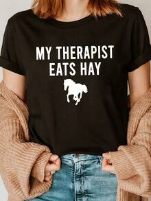 Round Neck T-Shirt With Horse Print, Short Sleeves, Casual Top For Summer And Spring, Women's Clothing - 黑色 - 查看 6