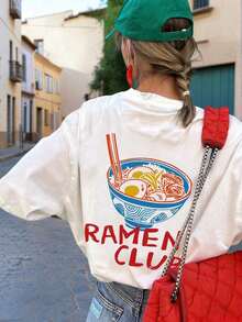 Camiseta de manga corta de cuello redondo con estampado de ramen, de moda minimalista y versátil, adecuada para mujer, color blanco - Blanco - Ver 5