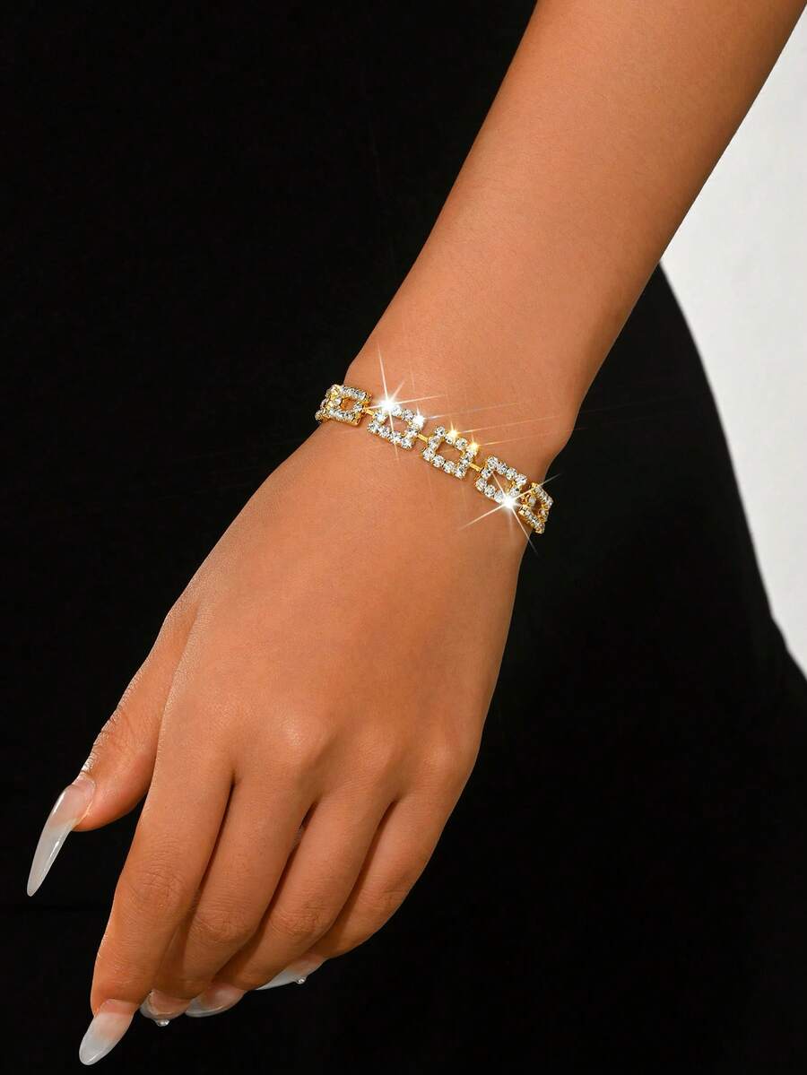 1pc Rhinestone Chain Bracelet, Women's Geometric Square Link Chain Bracelet Fashion Jewelry, Suitable For Bride, Party, Anniversary, Perfect Birthday Gift - Gold - View 1