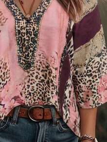 Plus Size Women's Vintage Leopard Print V-Neck 3/4 Sleeve Blouse Pink Spring Summer Vacation - Pink - View 6
