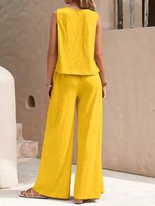 Conjunto informal de dos piezas de color liso para mujer - Amarillo - Ver 2