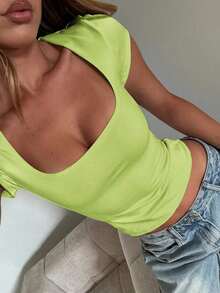 Blusa ajustada y sexy de punto para mujer Vaiaye, camiseta casual de cuello cuadrado de unicolor, para primavera/verano - verde claro - Ver 5