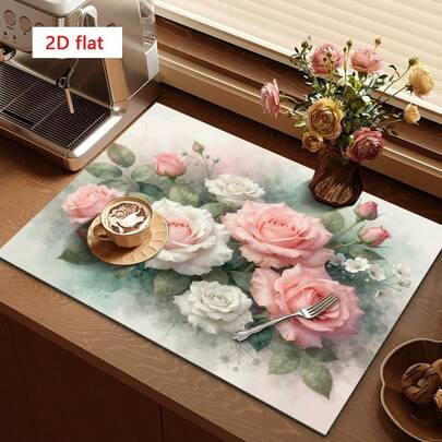 1 tấm lót thấm hút họa tiết hoa hồng màu nước, dùng để lau chùi chén đĩa, máy pha cà phê, phù hợp cho bàn ăn và quán cà phê, tấm lót thoát nước đa năng, quà tặng gia đình, trang trí bàn làm việc.