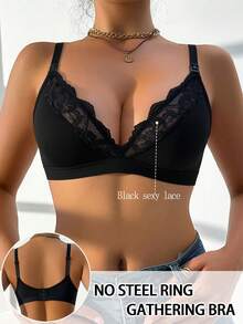 1pc Lace Patchwork Wireless Nursing Bra Without Padding - Black - View 6