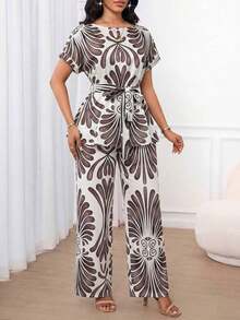 Lady Conjunto de dos piezas de mujer con top de manga corta y pantalones rectos sueltos, de unicolor, tela jacquard casual y elegante, cintura suelta y bajo en A. Apto para usar en primavera, verano y otoño. Atuendos de oficina, de vuelta al colegio, de iglesia, de salida y modestos para el aeropuerto. - Multicolor 2 - Ver 3